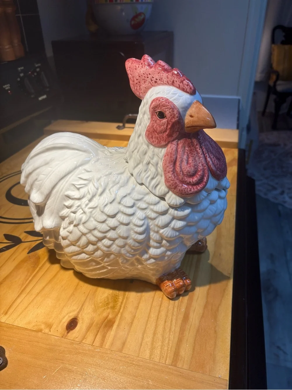 White Ceramic Hen Figurine with Red Comb and Orange Beak
